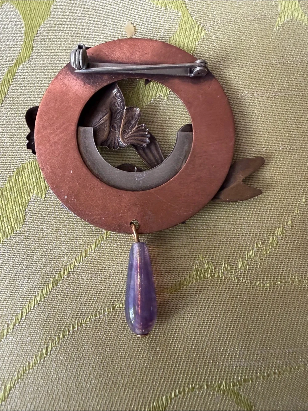 Brooch with whimsical frog and dragonfly on wreath in mixed metals. See photos